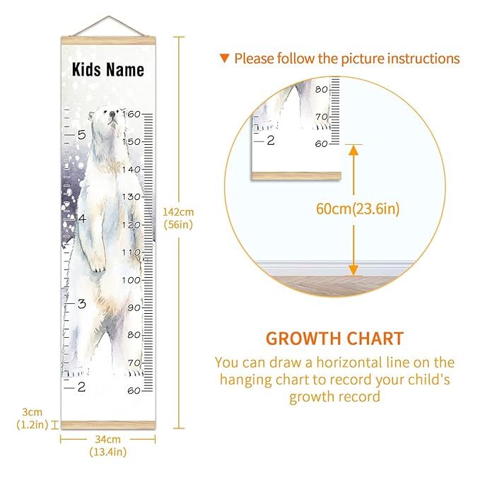 Personalized Kids Name Growth Chart Ruler for Wall Wood Frame Height Measure Chart 13.4x56 in Linen Hanging Height Growth Chart Winter Snow Animal Polar Bear Kids Room Decor