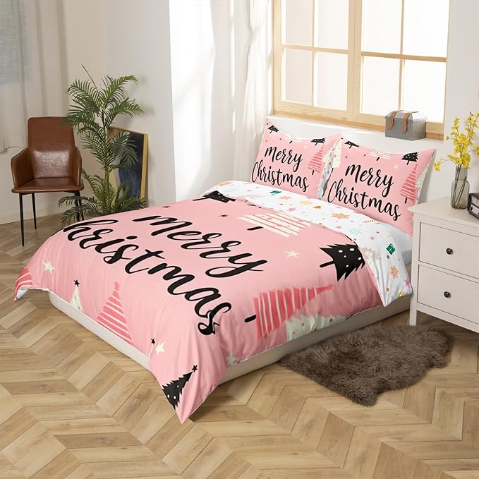 Feelyou Merry Christmas Bedding Set Christmas Tree Duvet Cover for Kids Boys Girls Stars Print Comforter Cover Pink Christmas Bedspread Cover with 2 Pillowcases 3Pcs Bedding King,No Comforter