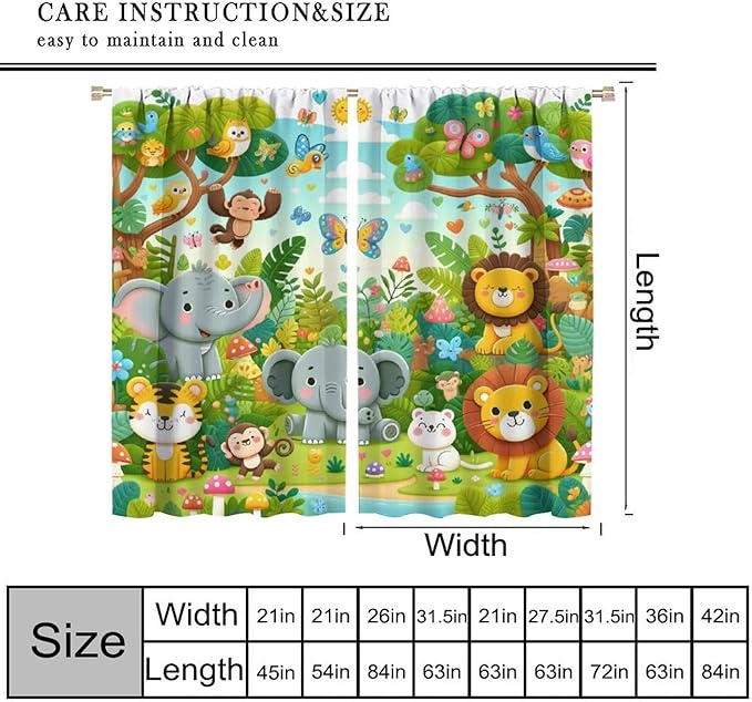 Cartoon Animals Curtain Jungle Forest Elephant Lion Butterfly Floral Print Curtains for Kids Boys Girls Nursery Baby Bedroom Playroom Home Decor Window Drapes 63" W X 72" L