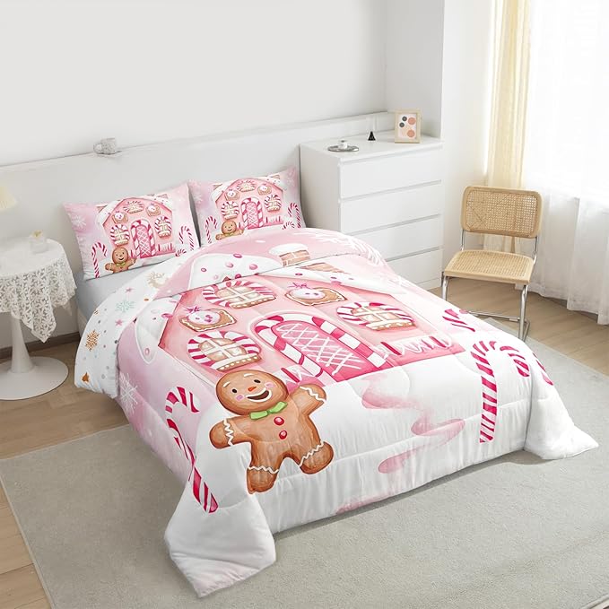 Feelyou Gingerbread Man Comforter Set King Size Gingerbread House Bedding Set for Kids Boys Girls Candy Canes Duvet Quilt Pink Christmas Scheme Bedroom Decor Snowflake 3 Pcs with 2 Pillow Cases