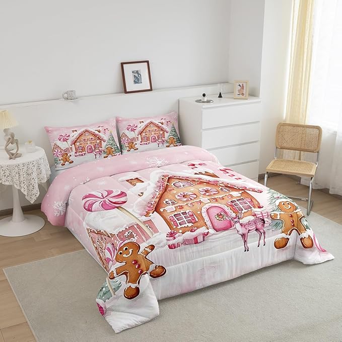 Gingerbread House Kids Comforter Set King Size,Gingerbread Man Xmas Tree Cabin Deer Bedding Set,Girls Women Room Decor,Christmas Snowflake Down Comforter,Pink Brown Duvet Insert,2 Pillowcases