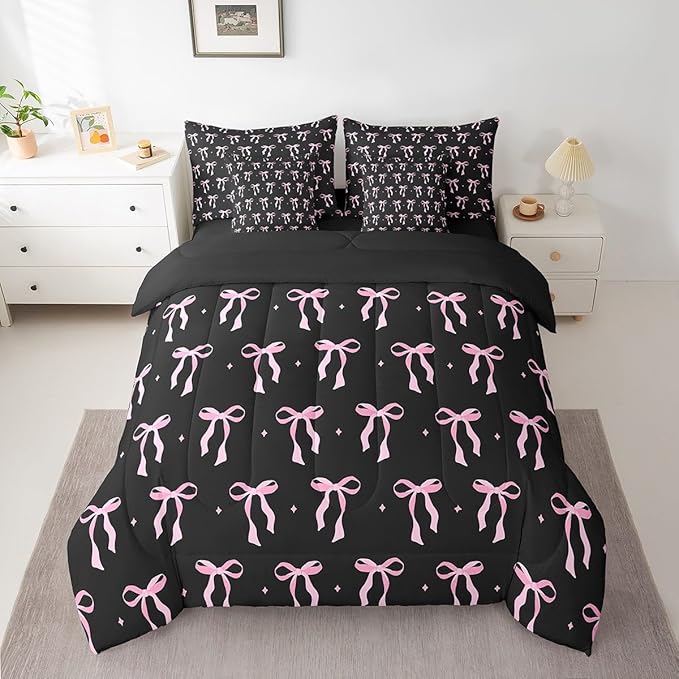 7 Pieces Pink Bowknot Kids Comforter King,Stars Watercolor Bow Tie Patchwork Bedding Set,Butterfly Knot Princess Black Noble Chic（Comforter+Fitted+Flat Sheet+2 Pillowcases+2 Throw Pillow Covers）