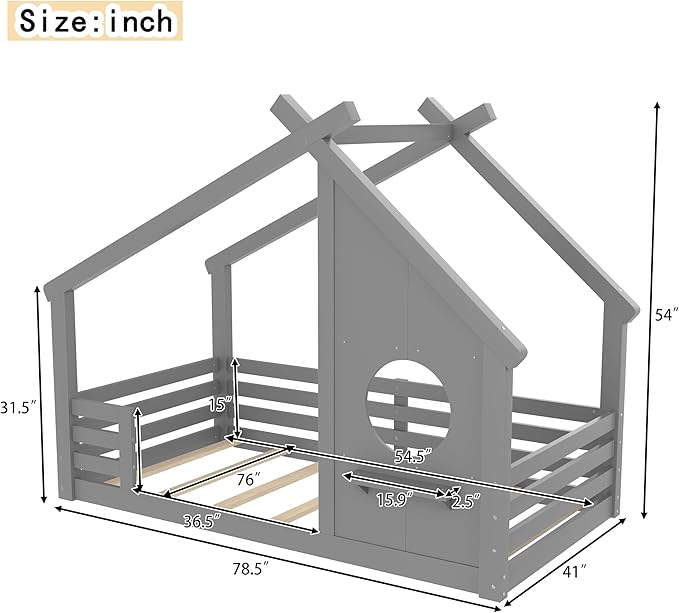 Polibi Twin Size House Floor Bed with Window and a Small Shelf, Solid Wood Low Profile Floor Bed for Kids, No Box Spring Needed, Grey