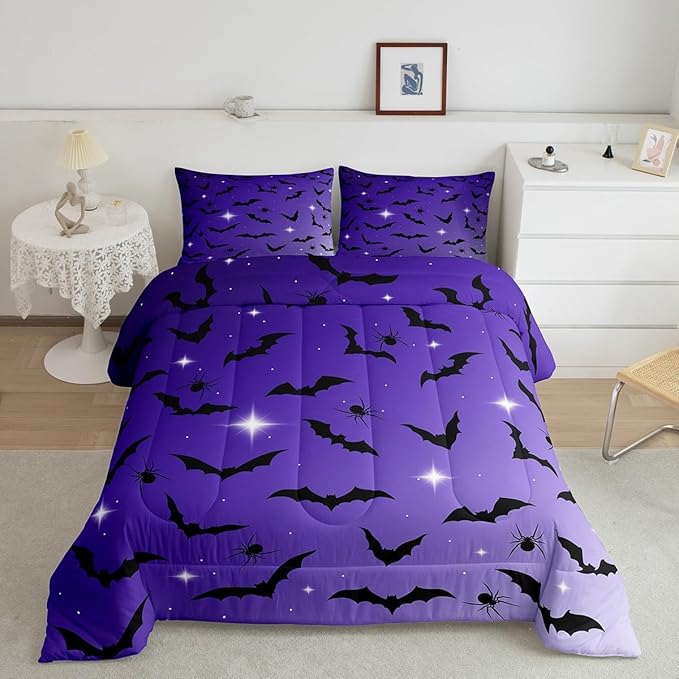 Erosebridal Bat Comforter Set Twin Size for Kids Galaxy Glitter Bedding Set with 1 Pillow Case Happy Halloween Quilt Gothic Spooky Down Comforter Purple and Black