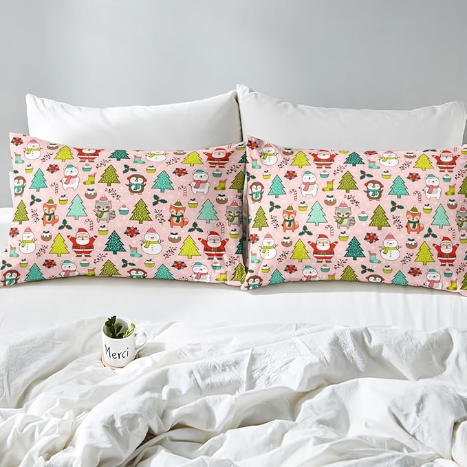 Manfei Christmas Duvet Cover Set Queen Size, Santa Claus Xmas Trees Animals Snowman Bedding Set 3pcs for Kids Girls, New Year Comforter Cover Soft Polyester Quilt Cover with 2 Pillowcases,No Comforter