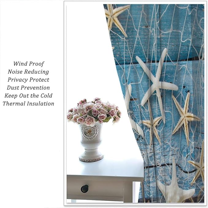 Marine Life Blackout Curtains Watercolor Water Grass Shell Print Curtains for Living Room Bedroom Privacy Curtains 63x63 Inches