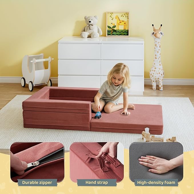 Travel Toddler Bed, 3-in-1 Convertible Sofa Bed for Toddler Portable Floor Beds, Flip Open Sofa Lounger for Girls and Boys, Made with High-Density Foam and Washable Cover,Red