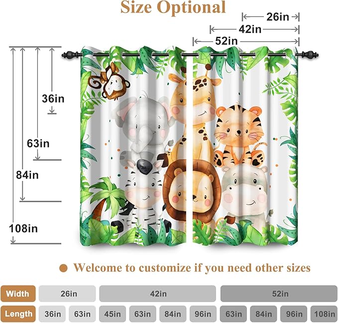 Renaiss 42 x 45 Inch Safari Animal Curtains for Kids Tropical Rainforest Lions Tigers Elephants Giraffes African Jungle Tree Green Leaf Print Window Drapes for Nursery Baby Bedroom Playroom 2 Panels