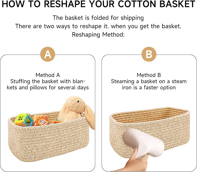 Small Storage Baskets for Organizing | Closet Organizer Bins | Shelf Toy Basket | Woven Rope Baskets | Cube Decorative Box | Shallow Basket | 13x8.5x5.1” | 3 Packs White Pink