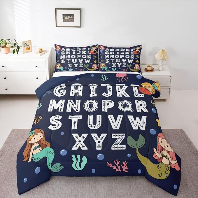 Feelyou Alphabet Kids ABC Learning Bedding Set Soft for Boys Girls, Cute Mermaid Comforter Set Full Size Educational Nursery Art Duvet Quilt Microfiber Sealife Bedroom Decor 3 Pcs with 2 Pillow Cases