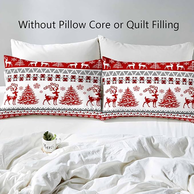 LUVIVIHOME 3PCS King Christmas Duvet Cover Set, Red & White Striped, Reindeer Deer Christmas Tree Snowflake Winter Holiday Xmas New Year Comforter Cover, 2 Pillow Shams