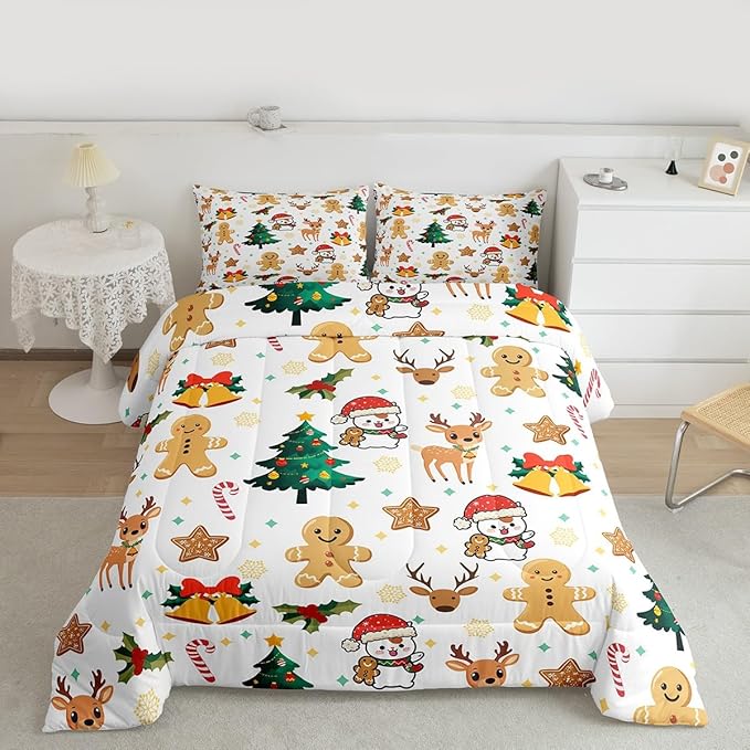 Feelyou Merry Christmas Comforter Set All Season Gingerbread Man Bedding Set with 2 Pillow Cases Cute Deer Microfiber Kids King Bedclothes Christmas Tree Duvet Quilt Breathable Soft Lightweight