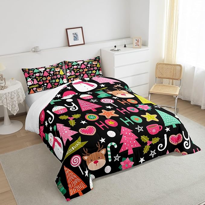 Merry Christmas Kids Comforter Set Full Size,Cartoon Santa Claus Snowman Xmas Bedding Set,Boys Girls Adults Room Decor,Christmas Trees Deer Cute Down Comforter,Colorful Duvet Insert,2 Pillowcases
