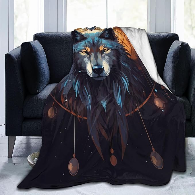 Cartoon Wolf Dream Catcher Blanket Gifts Moon Wolves Flannel Throw Blankets for Home Decor Couch Bed Sofa Soft Fuzzy Lightweight for All Season 80x60 Inches