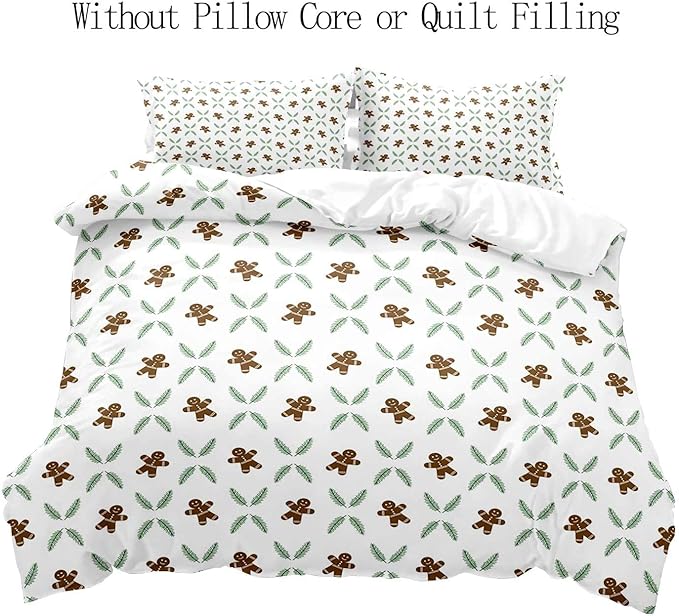 LUVIVIHOME 3PCS Gingerbread Man Duvet Cover King Bedding Set, White Duvet Cover, Teens Boys Girls Kids Bedding, Green Plant Pine Picks Leaves Winter Holiday Christmas Comforter Cover, 2 Pillow Shams