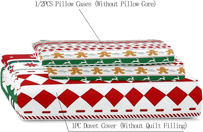 LUVIVIHOME 3PCS Christmas Duvet Cover Queen Bedding Sets, Gingerbread Man Christmas Tree Snowflake Poinsettia Reindeer Winter Holiday Xmas Gifts Red Green White Striped Comforter Cover, 2 Pillow Shams