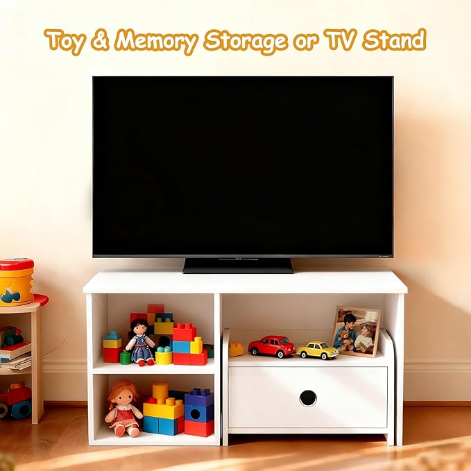 Kids Bookshelf with Bench, Toddler Table with Reading Nook, Montessori Shelf with Fabric Drawer, Toy Organizers and Storage for Kids Rooms, Nursery, Playroom, Bedroom, White