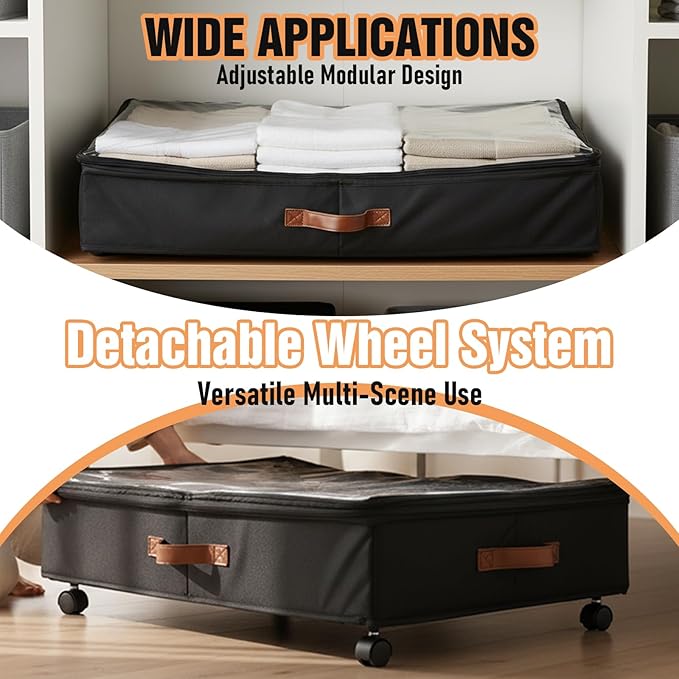 AVOKIHI Under Bed Storage Containers with Wheels 2-Pack, 60L Large Underbed Organizer Box for Clothes, Blankets & Shoes, 9.5 Inch Adjustable Height Under the Bed Storage Bin with Clear Top (Black)
