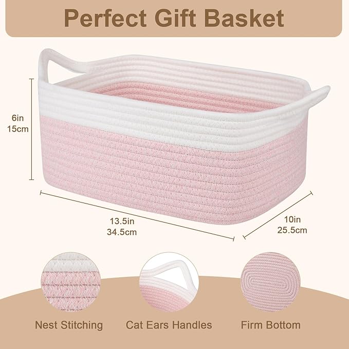 OIAHOMY Small Woven Rope Basket with Gift Bags and Ribbons, Gift Basket Empty for Baby Shower Birthday, Halloween, Christmas, Cute Cat Ear Handles for Shelf Living Room Bathroom, Grey & White