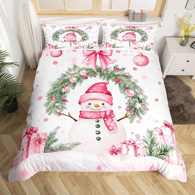 Manfei Christmas Kids Duvet Cover Set Twin Size, Cute Snowman Holly Leaf Bedding Set for Boys Girls Adult, Pink Bowknot Xmas Comforter Cover, Lightweight Bedspread Cover, 1 Pillowcase, No Comforter
