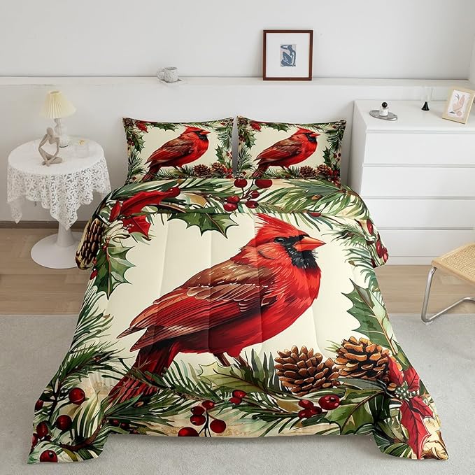 jejeloiu Kids Red Cardinal Comforter Set King Size Christmas Tree Green Plants Bedding Set for Boys Girls Teens Xmas Birds Animal Winter Happy New Year Duvet Quilt Room Decor