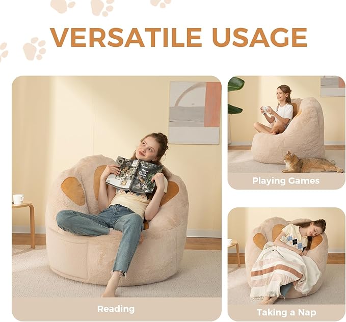 Bean Bag Chair for Adults Teens, Faux Fur Pet's Paw Shape Beanbag Chairs Memory Foam Filled Accent Floor Sofa for Kids Reading, Gaming, Relaxing in Living Room, Bedroom, Dorm, Playroom