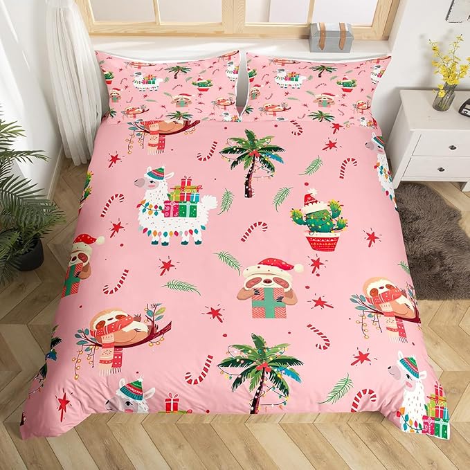 Manfei New Year Duvet Cover Set King Size, Cute Xmas Sloth Alpaca Print Bedding Set 3pcs for Kids Boys Girls Bedroom Decor, Christmas Theme Comforter Cover with 2 Pillowcases,No Comforter