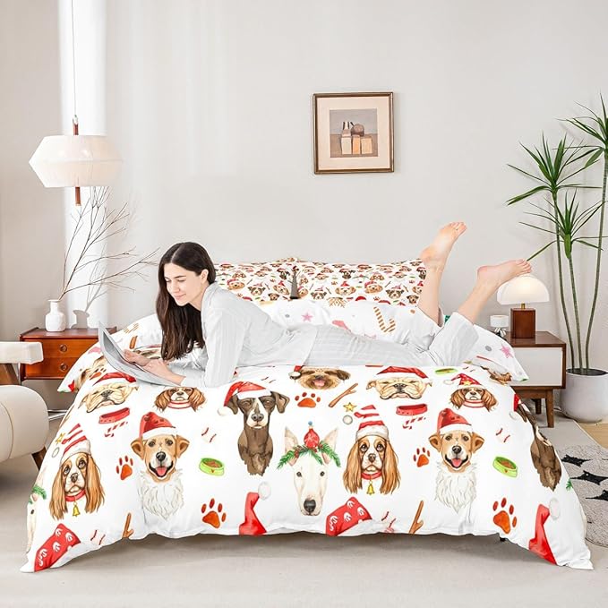 Christmas Kids Bedding Set Cartoon Puppy Dogs Xmas Theme Bedding Duvet Cover Set for Boys Girls New Year Decor Comforter Cover Set Animal Pattern Bedspread Cover Bedroom Quilt Cover 3Pcs Full Size