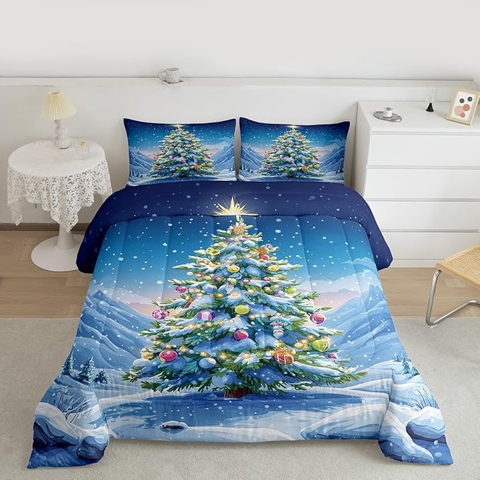Feelyou Christmas Comforter Set Twin Size Xmas Tree Bedding Set for Kids Boys Girls Winter Snowflake Duvet Quilt Christmas Tree Ornaments Bedroom Decor Microfiber 2 Pcs with 1 Pillow Cases