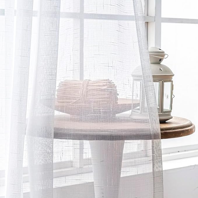White Sheer 105 Inch Curtains Long 2 Panels, Thin Textured Linen Look Drapes for Living Room, Rustic See Through Window Treatments Decor, DIY Pinch Pleat Sliding Glass Door Curtain