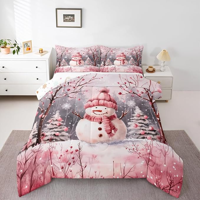 Feelyou Cute Snowman Comforter Set All Season Christmas Tree Bedding Set with 2 Pillow Cases Xmas Snowflake Microfiber Kids Full Bedclothes Pink Scarf Bedroom Decor Pink Winter Scene Duvet Quilt