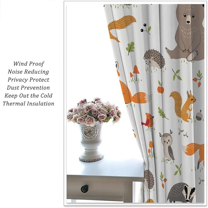Forest Animal Curtains for Kids, Cartoon Safari Woodland Animals Window Treatments Cute Wild Jungle Bear Fox Deer Bear Window Drapes for Girls Boys Nursery Toddler Bedroom 55x63in