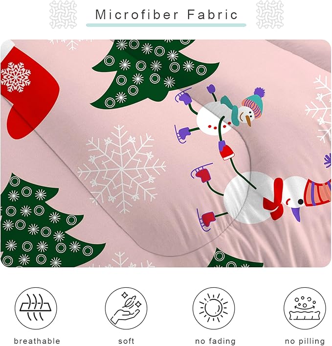Pink Christmas Comforter Queen: Cartoon Xmas Snowman Bedding Sets Queen Size for Teen Girls Women Adults Christmas Tree Snowflakes Quilt Bed Set 1 Comforter & 2 Pillowcases