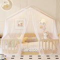 Full Size House Bed for Kids, Low Profile Full Montessori Bed with High Railings, Wood House Shape Montessori Beds with Light & Roof for Kids, Natural