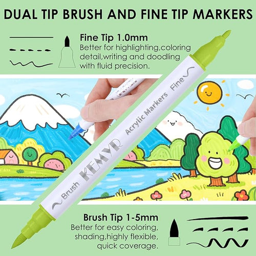 24 Colors Brush & Fine Tip Acrylic Paint Pens, Dual Tip Acrylic Paint Markers for Paper, Wood, Canvas, Stone, Rock, Glass, Fabric, DIY, Ceramic, Art Supplies for Adults Drawing