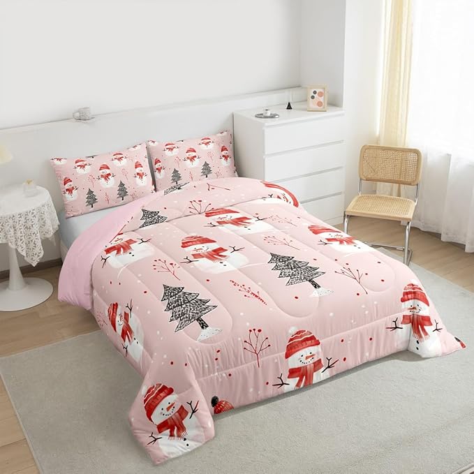 Feelyou Cute Snowman Bedding Set Soft for Boys Girls, Christmas Trees Comforter Set Toddler Size Xmas Snowflake Duvet Quilt Microfiber Christmas Decor Bedroom Decor Holiday 2 Pcs with 1 Pillow Cases