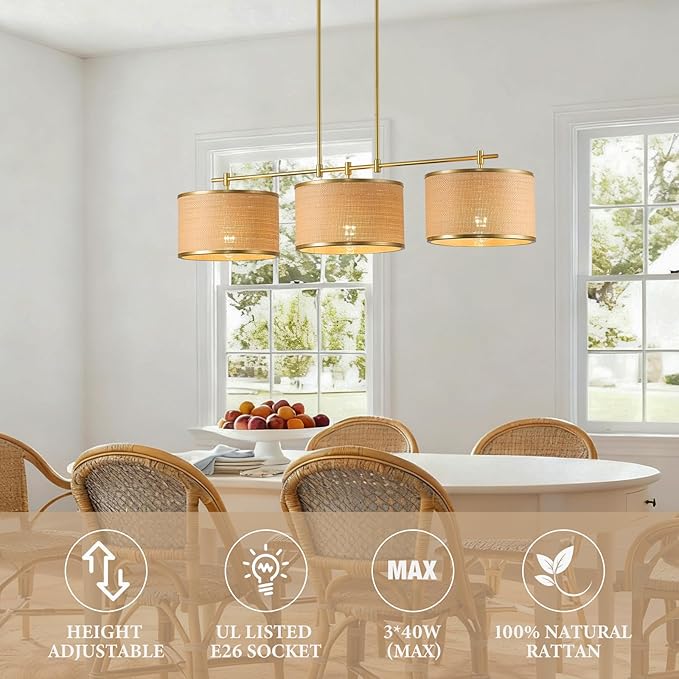 41" Dining Room Light Fixtures Over Table with 3-Light Island Lights for Kitchen,Boho Large Linear Chandelier,Gold Drum Woven Rattan Chandelier（Height Adjustable）