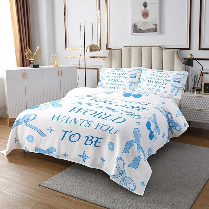 Blue Bowknot Kids Bedspread King Size,Cherry Tropical Fruit Cartoon Princess Coverlet Set,Girls Women Room Decor,Bow Tie Stars Daisy Cute Quilted Coverlet,Blue Dreamy Bedding Quilt,2 Pillowcases