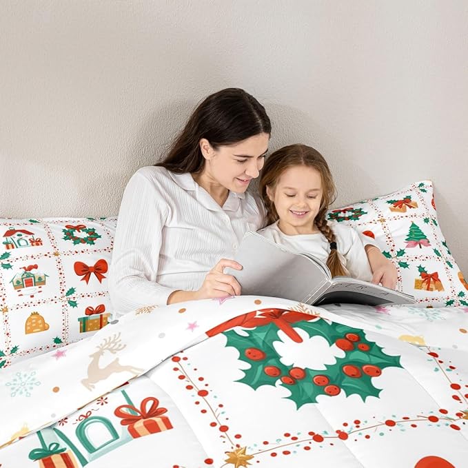 Feelyou Christmas Decor Kids Comforter Set King Size Red Bowknot Bedding Set New Year Gift Duvet Quilt for Kids Boys Girls Bedroom Happy New Year Decor Microfiber Ultra Soft Breathable