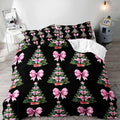 LUVIVIHOME 3PCS Christmas Tree Pink Bow Duvet Cover Queen Bedding Set, Teen Girl Bedding, Black Duvet Cover, Bowknot Xmas Tree Winter Holiday Festival Coquette Christmas Comforter Cover 2 Pillow Cases