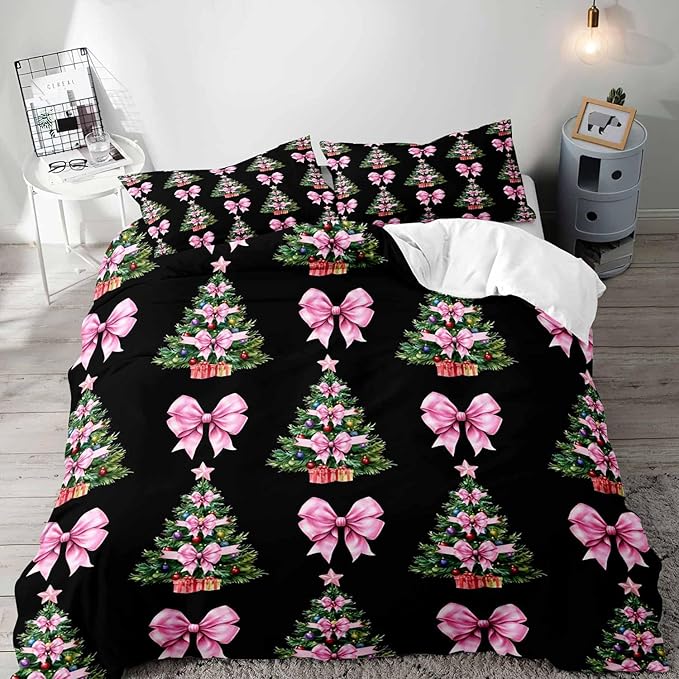 LUVIVIHOME 2PCS Christmas Tree Pink Bow Duvet Cover Twin Bedding Sets, Teen Girl Bedding, Black Duvet Cover, Bowknot Xmas Tree Winter Holiday Festival Coquette Christmas Comforter Cover, 1 Pillow Case