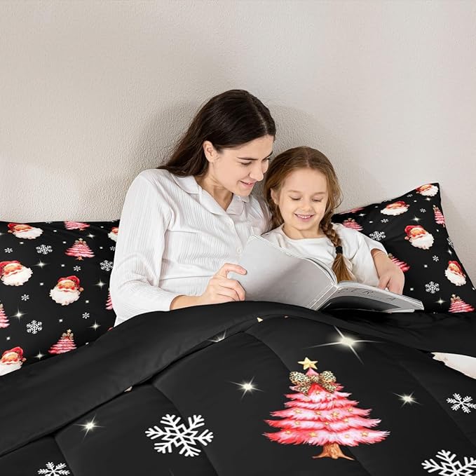 jejeloiu Kids Christmas Theme Comforter Set Toddler Xmas Tree Cute Santa Claus Bow Bedding Set for Boys Girls Teens Winter Snowflake Happy New Year Duvet Quilt Room Decor