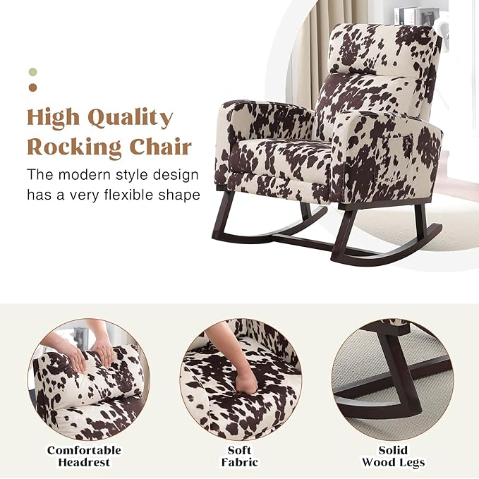 Rocking Chair Nursery with Foot Rest, Nursing Rocking Chairs for Mom Nursery, Rocker Glider with High Backrest for Living Room, Bedroom, Cow Printed