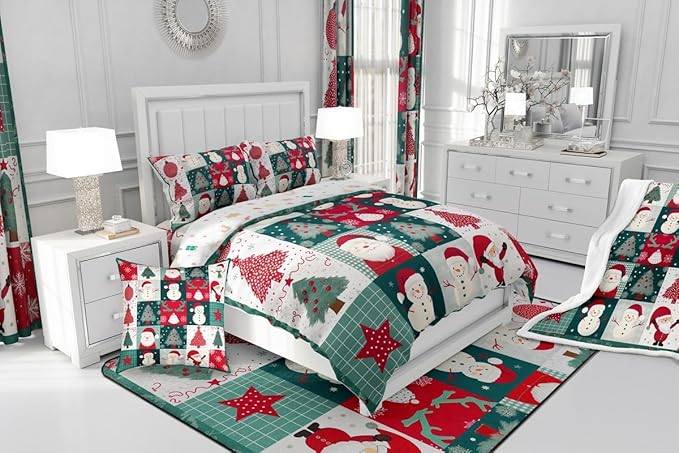 Feelyou Merry Christmas Comforter Set All Season Xmas Tree Snowman Bedding Set with 2 Pillow Cases Santa Claus Microfiber Kids Full Bedclothes Patchwork Bedroom Decor Duvet Quilt Breathable Soft