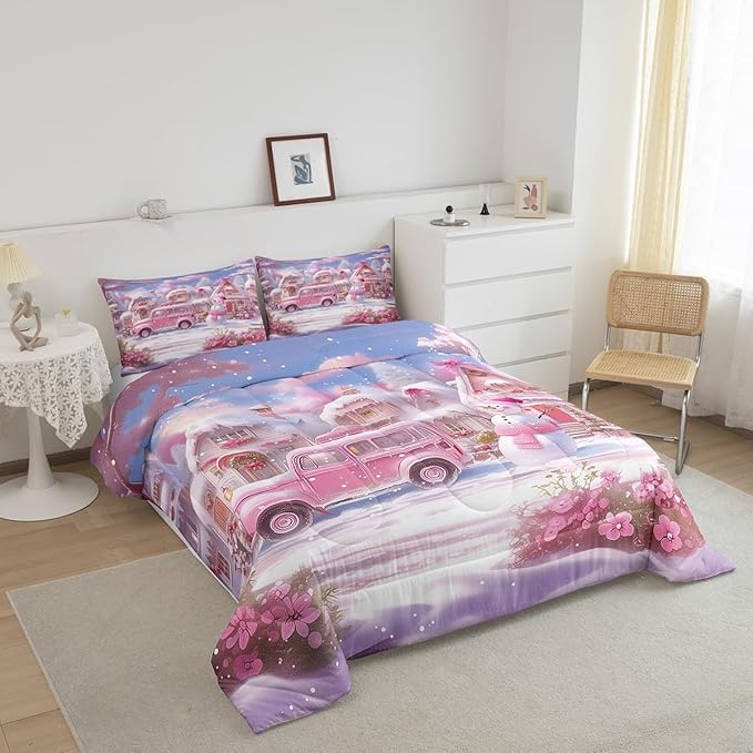 Manfei Christmas Comforter Set Twin Size, Pink Truck Flower Snowman Bedding Set for Kids Girls Room Decor, New Year Theme Down Comforter, Lightweight Duvet Insert, 1 Pillowcase