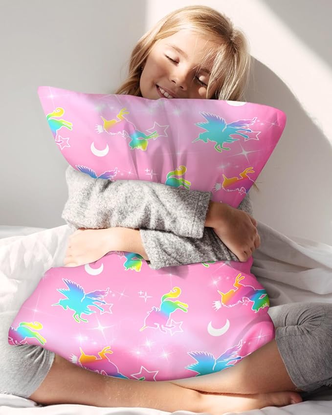 Silk Pillowcase for Kids - 30 x 20 Inches Queen Size Mulberry Silk Pillow Case with Zipper Cute Cartoon Kawaii Teens Girls Boys Pillowcase for Hair and Skin, Colorful Unicorn