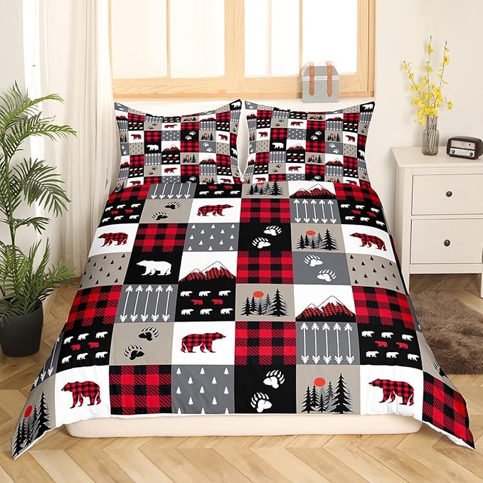 Manfei Christmas Duvet Cover Set Queen Size Cute Bear Tree Print Comforter Cover Geometric Checkered Bedding Set 3pcs for Kids Boys Girls Cartoon Animal Bedspread Cover with 2 Pillowcases,No Comforter