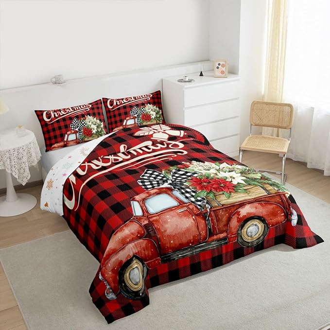 Kids Christmas Truck Comforter Set Full Size,Floral Leaves Romantic Bedding,Girls Boys Adults Bedroom/Xmas Cabin Decor,Geometric Plaid Retro Down Comforter,Rustic Farm Duvet Insert,2 Pillowcases