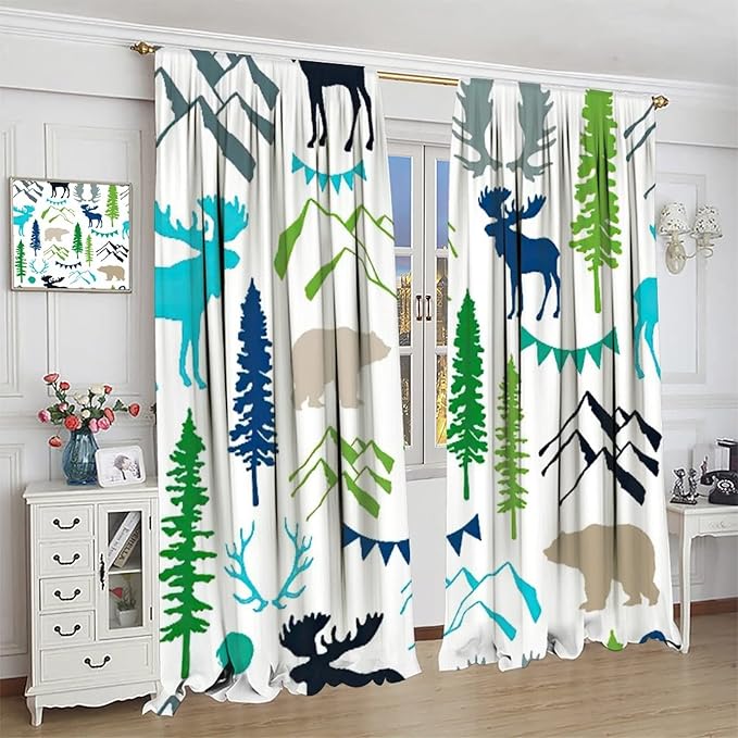 Forest Woodland Curtains, Wild Nature Bear Moose Deer Pine Trees Mountain Cabin Lodge Blackout Rod Pocket Windows Door Curtain for Bedroom Living Room Home Decor 52x84in