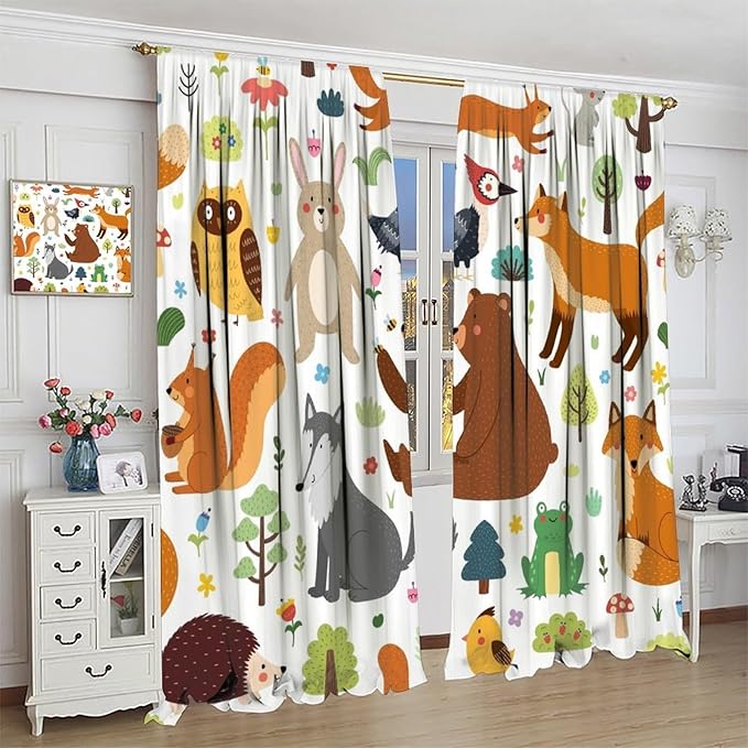 Kids Safari Animals Curtains, Baby Boy Girl Rustic Woodland Printed Cartoon Forest Window Treatments for Bedroom Living Room Nursery 2 Panels Sets, 84x84 Inch